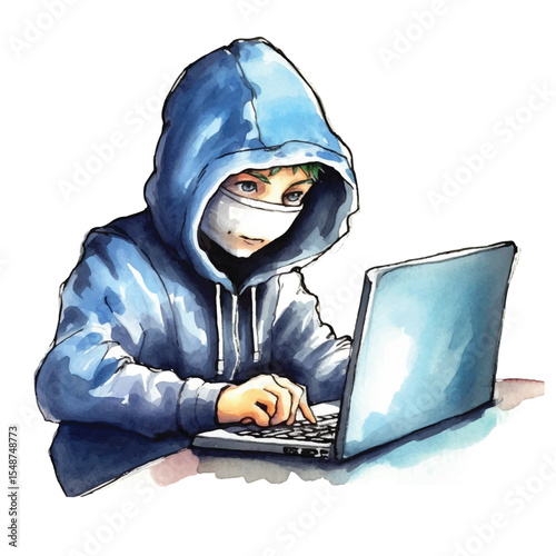 Watercolor Hacker in Blue Hoodie Typing on Laptop with Face Mask