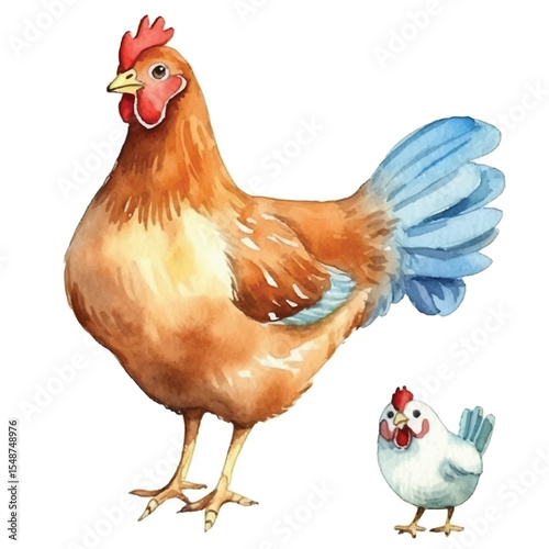 Watercolor Hen and Chick Rustic Farm Illustration