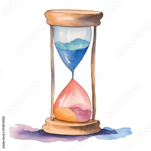 Watercolor Hourglass with Blue and Orange Sand Artistic Time Concept
