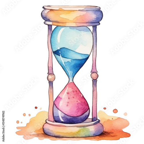 Watercolor hourglass with blue and pink sand resting on a colorful splash