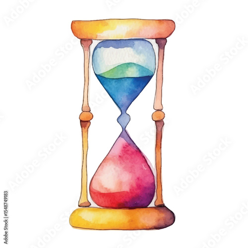 Watercolor Hourglass with Blue and Red Sand Time Passing Illustration