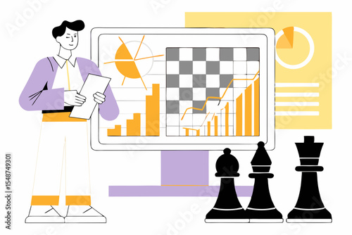 Strategic business planning with data analysis and chess game analogy illustration