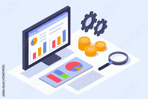 Isometric Financial Analysis and Data Visualization with Computer Coins and Gears
