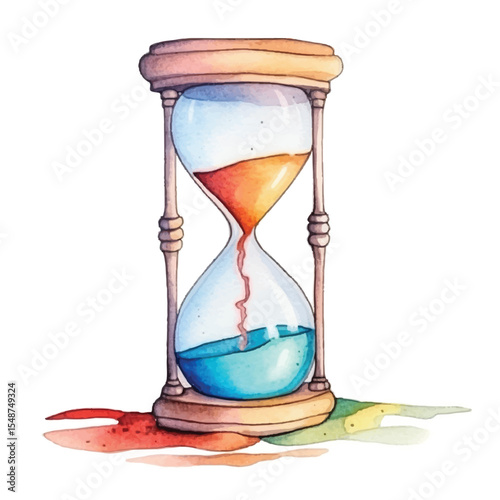 Watercolor Hourglass with Flowing Orange and Blue Liquid Time Passing Illustration