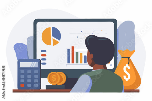 Financial analyst analyzing data on computer with calculator and money bag