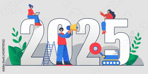 Creative 2025 New Year Illustration with People and Technology Elements