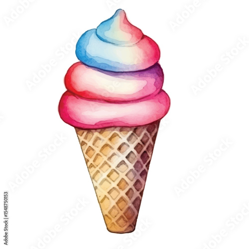 Watercolor Ice Cream Cone with Vibrant TwoTone Swirl