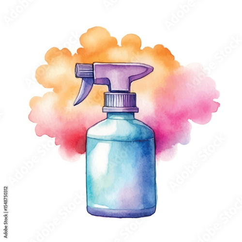 Watercolor Illustration of a Blue Spray Bottle with Lavender Nozzle