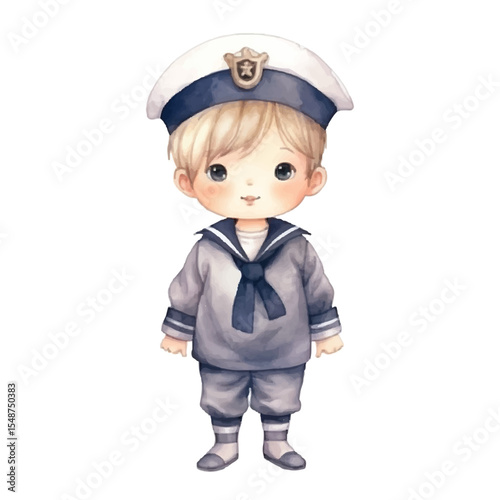 Watercolor Illustration of a Boy Dressed in a Navy Sailor Uniform