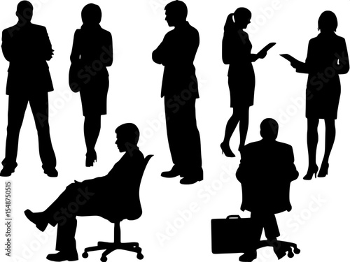 "Silhouette collection of executives and office workers in various gestures and orientations—arms crossed, sitting on chairs, walking in pairs, or holding devices—arranged to convey motion and profess