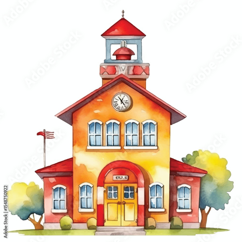 Watercolor Illustration of a Charming Schoolhouse with Clock Tower and Trees
