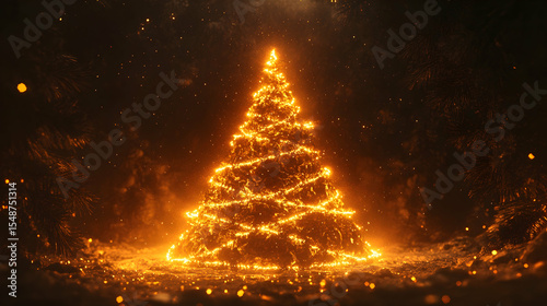 A fiery Christmas tree glows brightly in the dark, surrounded by sparkling snow. A magical winter scene!