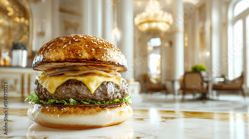 Close-up of a delicious cheeseburger, perfectly grilled patty, melted cheese, and fresh lettuce. A gourmet burger in an elegant setting.