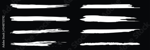 White brush stroke set isolated on black background. Trendy brush stroke vector for white ink paint, grunge backdrop, dirt banner, watercolor design and dirty texture. Brush stroke vector illustration