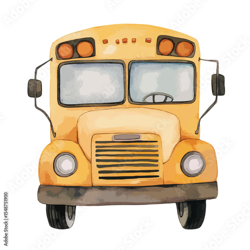 Watercolor Illustration of a Classic Yellow School Bus Front View