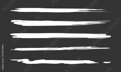 White brush stroke set isolated on black background. Trendy brush stroke vector for white ink paint, grunge backdrop, dirt banner, watercolor design and dirty texture. Brush stroke vector illustration
