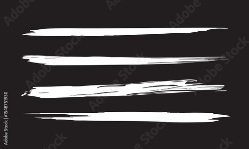 White brush stroke set isolated on black background. Trendy brush stroke vector for white ink paint, grunge backdrop, dirt banner, watercolor design and dirty texture. Brush stroke vector illustration