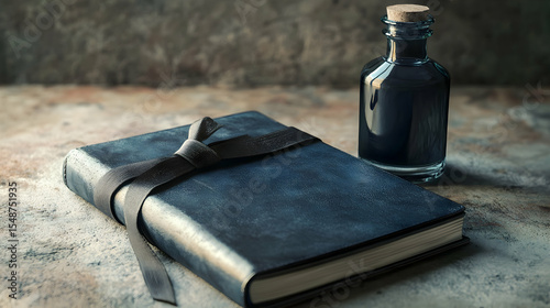 A dark blue leather journal rests on a textured surface, tied with a black ribbon. Beside it sits a small bottle of dark liquid, creating a mood of mystery and contemplation.