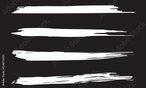 White brush stroke set isolated on black background. Trendy brush stroke vector for white ink paint, grunge backdrop, dirt banner, watercolor design and dirty texture. Brush stroke vector illustration