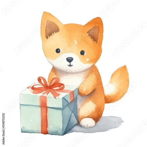 Watercolor Illustration of a Cute Dog with a Gift
