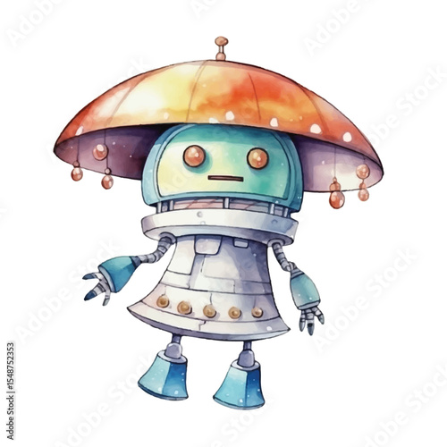Watercolor Illustration of a Cute MushroomShaped Robot