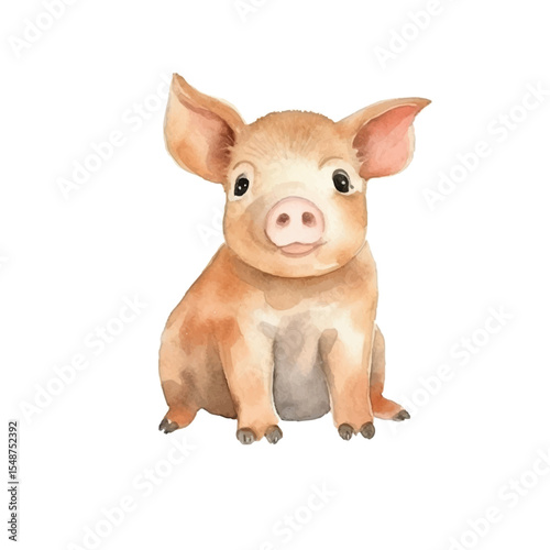 Watercolor Illustration of a Cute Piglet Sitting with Large Ears