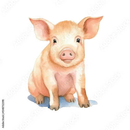 Watercolor Illustration of a Cute Piglet with Large Ears and Pink Snout