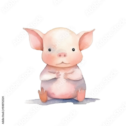 Watercolor Illustration of a Cute Sitting Piglet (1)