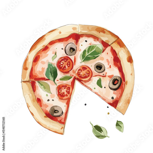 Watercolor Illustration of a Delicious Pizza Slice with Toppings