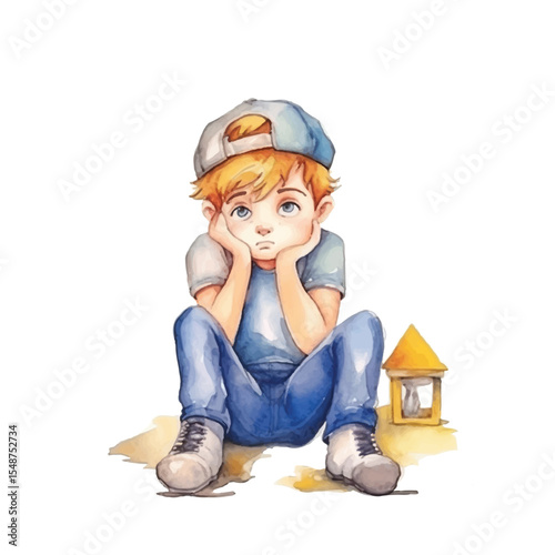 Watercolor Illustration of a Pensive Boy with a Small Structure