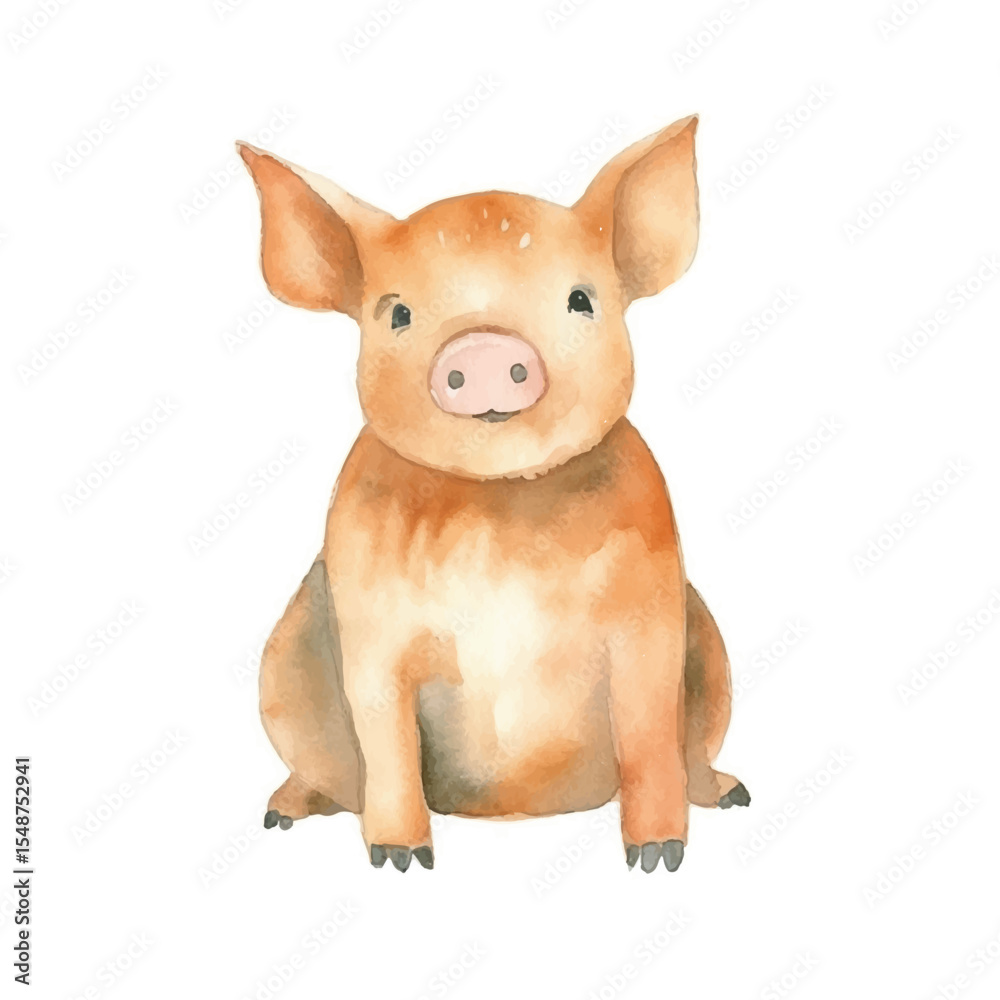Obraz premium Watercolor Illustration of a Seated Piglet with Large Ears and Pink Snout
