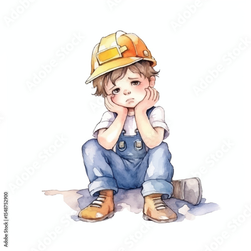 Watercolor Illustration of a Sad Child Wearing a Construction Helmet Sitting Down
