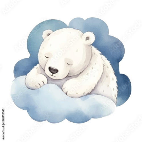 Watercolor Illustration of a Sleeping Polar Bear on a Cloud