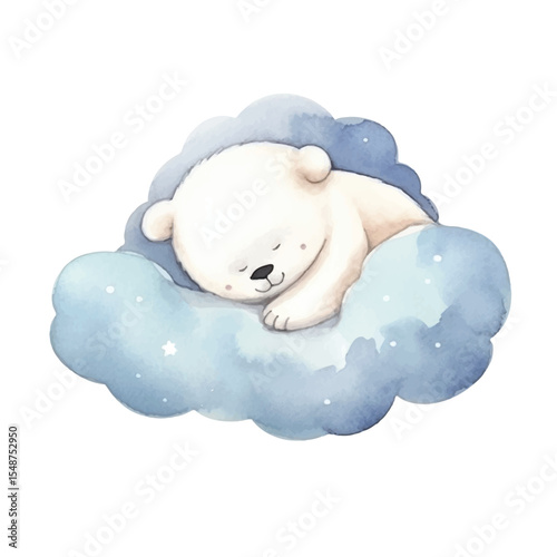 Watercolor Illustration of a Sleeping Polar Bear on a Blue Cloud