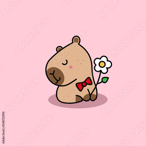 Shy cute capybara holding a chrysanthemum flower in a sweet vector illustration.
