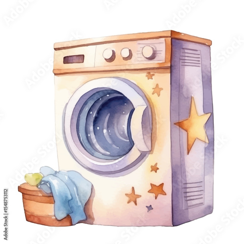 Watercolor Illustration of a Starry Washing Machine and Laundry Basket