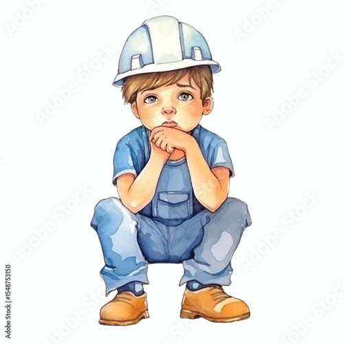 Watercolor illustration of a thoughtful boy in blue overalls and hardhat