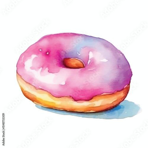 Watercolor Illustration of a Vibrant Pink and Purple Iced Donut