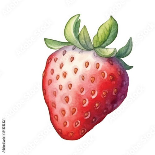 Watercolor Illustration of a Vibrant Strawberry with Detailed Seeds and Leaves