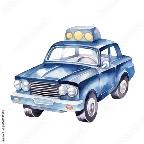 Watercolor Illustration of a Vintage Blue Car with Roof Lights