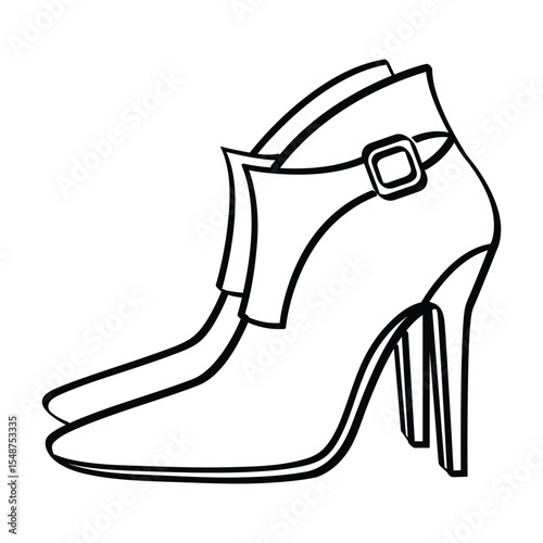 Pair of women's high-heeled ankle boots with buckles line art illustration