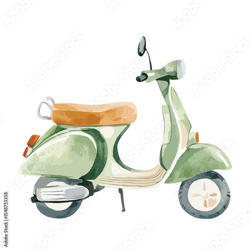 Watercolor Illustration of a Vintage Green Scooter with Beige Seat