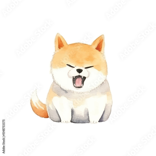 Watercolor Illustration of a Yawning Akita Puppy