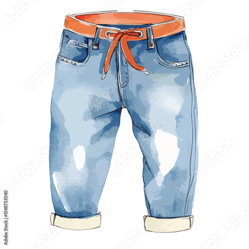 Watercolor Illustration of Distressed Denim Shorts with Orange Drawstrings