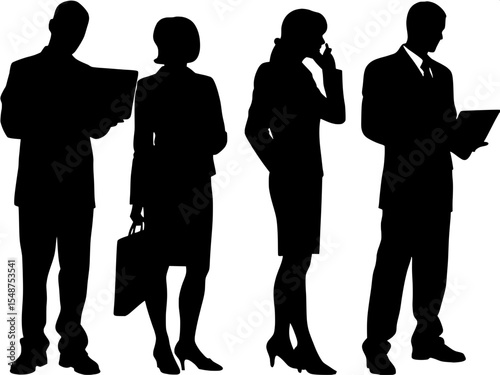 "Stylized black silhouettes of men and women in business wear, performing everyday office actions—checking phones, carrying laptops, talking to colleagues—displayed in an evenly spaced white frame wit