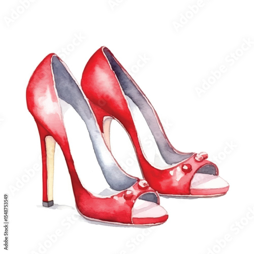 Watercolor Illustration of Elegant Red High Heels with Decorative Accents