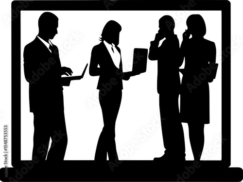 "Stylized black silhouettes of men and women in business wear, performing everyday office actions—checking phones, carrying laptops, talking to colleagues—displayed in an evenly spaced white frame wit