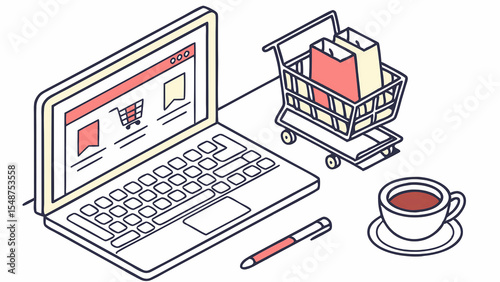 Online shopping concept with laptop, shopping cart, coffee and pen, e commerce and digital marketing