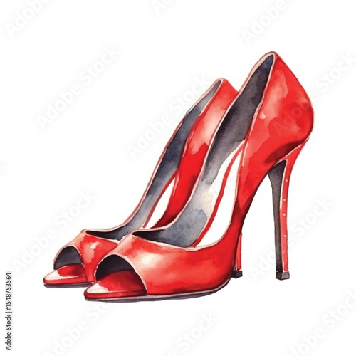 Watercolor Illustration of Elegant Red High Heels with Open Toes