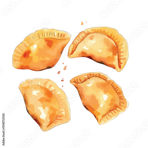 Watercolor Illustration of Four Golden Empanadas with Crimped Edges and Filling Splatters